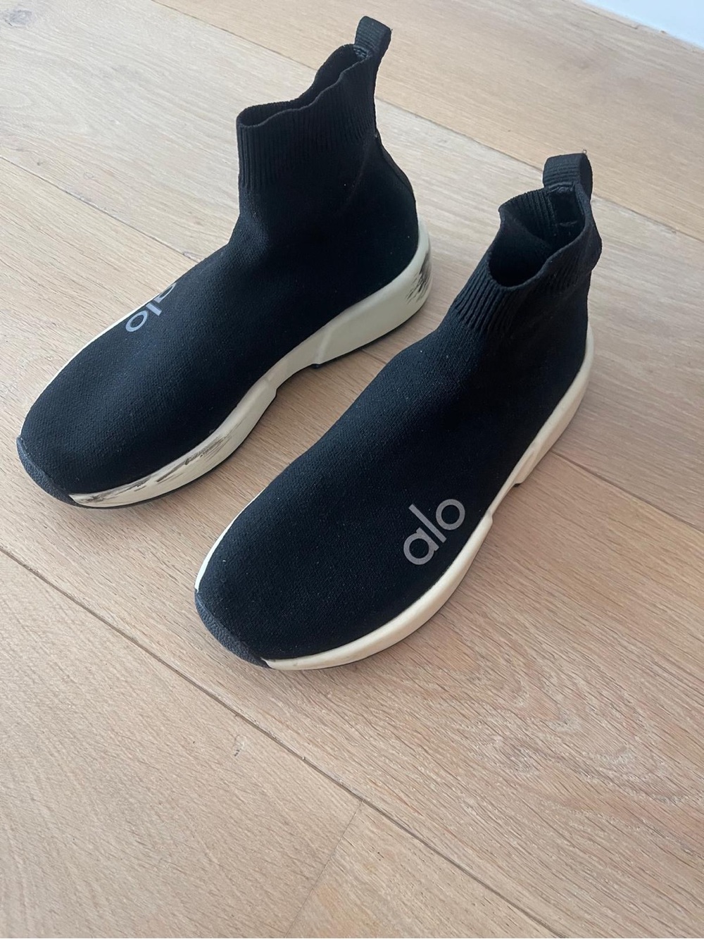 ALO Yoga Men’s Black Knit Sock Sneakers with White Sole